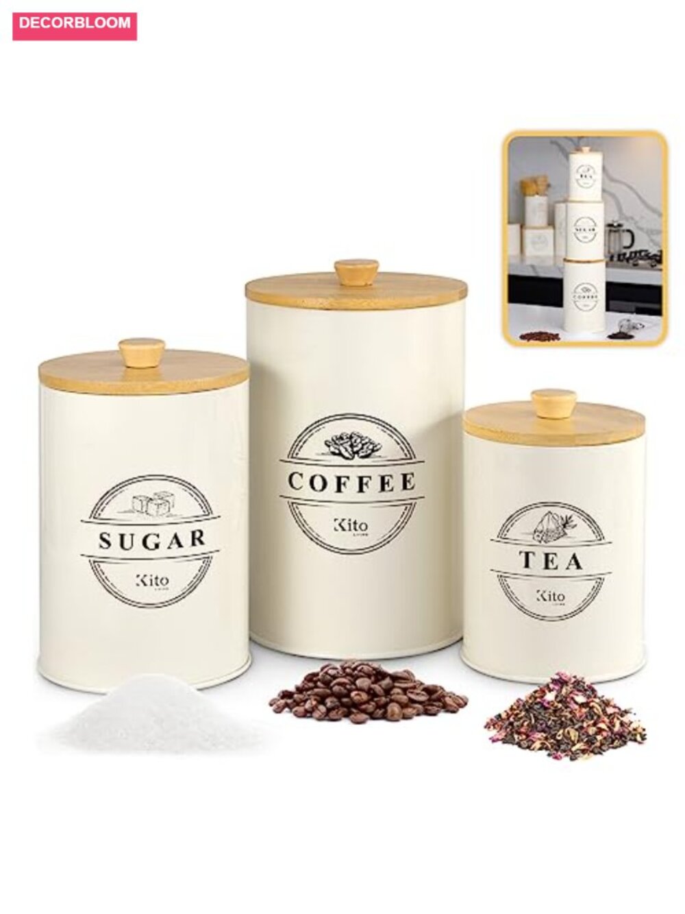 Airtight Tea Coffee Sugar Canister Set Stackable Steel Bamboo Lids